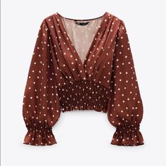 Zara Polka Dot Top Size Xsmall! New With Tags Chic Polka Dot Tops For Fall, Zara Brown Blouse For Spring, Brown Zara Blouse For Summer, Zara Long Sleeve Polka Dot Top, Polka Dot Tops For Day Out In Fall, Polka Dot Crop Top, Hippie Shirt, Zara Blouse, Zara Top