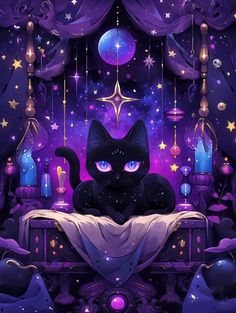 a black cat sitting on top of a bed under a purple sky filled with stars