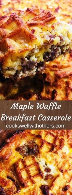 a close up of a plate of food with waffles on it and the words maple waffle breakfast casserole