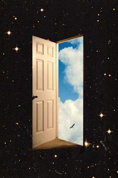 an open door leading to the sky with stars in it and a bird flying by