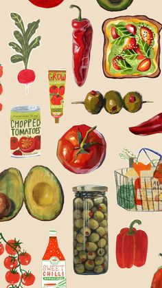 a painting of various vegetables and fruits on a white background, including tomatoes, peppers, avocado, olives, tomatoes, cheese