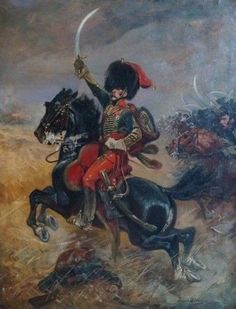 a painting of a man riding on the back of a black horse