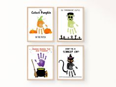 four halloween cards with handprints on the front and back, each featuring a black cat