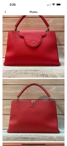 Louis Vuitton Capucines mm handbag (SOLD OUT) Color: Scarlett. Approximate dimensions: 14" x 9.25" x 5.5" Material: Taurillon Leather Lining: Tan/khaki leather Date code: AR2144. Manufactured in France. Retail price: $5,600. Capucines MM bags now sell for $6,100. Pockets and such: Divided main compartment, center zip compartment, interior side slip pocket Handles, straps and such: Single fixed leather handle with a 5" drop. The MM style does not come with a shoulder strap. Louis Vuitton Capucine Mm, Louis Vuitton Mm, Louis Vuitton Capucines, Leather Handle, Bags Handbags, Shoulder Strap, Shoe Accessories, Handles, Bag Lady