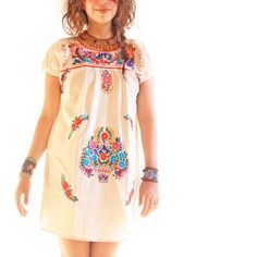 Hand Embroidered Dress Mexican Boho Mini Tunic Dress Huipil Puffed Sleeves Size Xs/S Perfect For Beach Days With Sandals Espadrilles Tennis Dress It Up Or Just Wear It Barefoot! Spring Fiesta Embroidered Dress With Hem Detail, Spring Fiesta Embroidered Hem Dress, Spring Fiesta Multicolor Embroidered Dress, Spring Fiesta Embroidered Dress With Intricate Details, White Dress With Floral Embroidery For Fiesta, Casual Embroidered Dresses For Fiesta, Summer Embroidered Dress With Multicolor Sleeves, Casual Multicolor Embroidered Fitted Dress, Casual Fitted Dress With Multicolor Embroidery