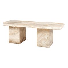 a white marble table with two legs and a long slab on the top, against a white background