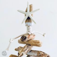 a starfish is hanging on top of driftwood