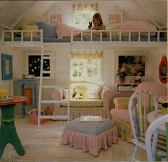 a child's bedroom with bunk beds, chairs and tables in the middle of it