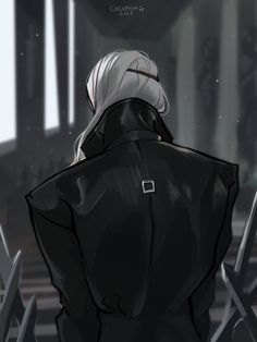 an anime character with white hair standing in front of a fence and looking at something