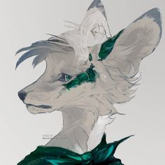 a drawing of a white wolf with green leaves on it's neck and head