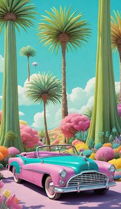 a painting of a car parked in front of palm trees and other tropical plants on the ground