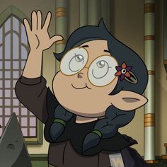 a cartoon character wearing glasses and holding up her hand in front of an open window