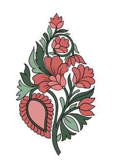 a drawing of red flowers with green leaves and a heart in the center on a white background