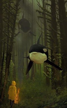 an orca in the woods with a person looking at it and another creature flying above