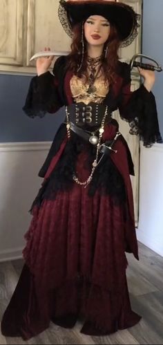 Red Pirate Dress Aesthetic, Women Pirate Cosplay, Red And Black Pirate Outfit, Black Pirate Dress, Pirate Prom Dress, Thrifted Pirate Costume