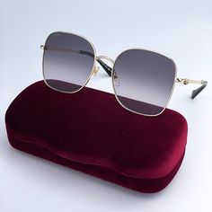 NEW Gucci GG1143S 001 Gold Gray Gradient Butterfly Oversized Women Sunglasses Brand: Gucci Model: GG1143S Color Code: 001 Gender: Women Frame Color: Gold Lens Color: Gray Lens Material: Nylon Lens Technology: Gradient Frame Shape: Butterfly Oversized Frame Style: Full-Rim Frame Material: Titanium Size: 59x19x145 100% UV Protection. Category 2. Made in Japan. FULL RETAIL PACKAGE with all accessories: case, cloth, matching satin pouch and all paperwork. 100% AUTHENTIC! Clear Sunglasses Frames, Gradient Butterfly, Gucci Eyeglasses, Satin Pouch, Shape Butterfly, Oversized Round Sunglasses, Gray Gradient, Sunglasses Women Oversized, Sunglasses Logo