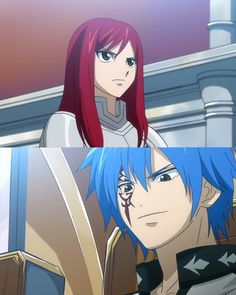 two anime characters one with red hair and the other with blue hair, staring at each other