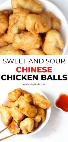 sweet and sour chinese chicken balls with ketchup in a white bowl on the side