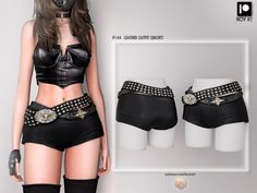 an image of a woman wearing leather shorts and garters with chains on them