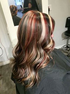 Different Colored Highlights, Triple Highlights Hair, Three Color Hair Highlights, Hair Color Ideas For Brunettes Y2k, Black Hair With Blonde And Red Highlights, 2000s Chunky Highlights Red, Cute Hair Ideas Color, Hairdye Ideas Long Hair