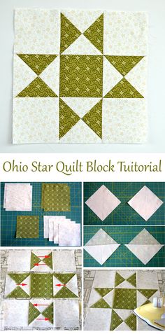 the step by step instructions to make a quilt star quilt block with green and white fabric