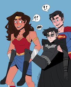 three people dressed as superman and wonder, one is hugging the other's chest