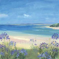 an oil painting of purple flowers on the beach with blue water in the back ground