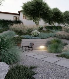 an outdoor patio area with gravel and plants