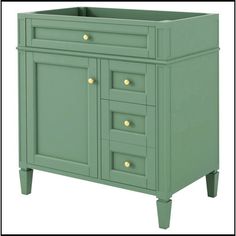 a green cabinet with gold knobs on the doors and drawers is shown in front of a white background