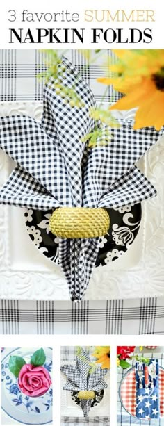 the cover of three favorite summer napkin folds, featuring flowers and gingham checkered fabric