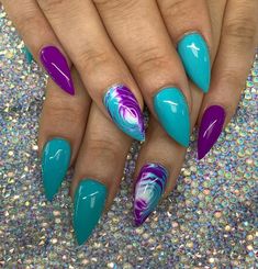 Purple And Lime Green Nails, Purple Turquoise Nails, Purple And Teal Nails Designs, Funky Spring Nails, Purple And Turquoise Nails, Purple And Teal Nails, Teal Nail Ideas, March Nail Designs, Rockabilly Nails