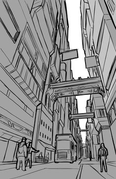 a black and white drawing of people walking down an alley way with buildings on either side