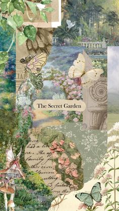 the secret garden is featured in this collage with butterflies, flowers and other things