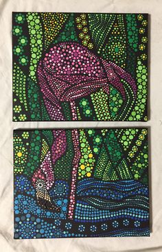 two pieces of art that have been painted with dots and circles on them, each depicting a pink flamingo standing in the water