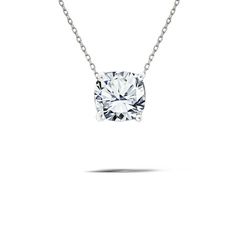 Fulfill her desires with our Stylish 2 Carat Cushion Cut Moissanite Solitaire Slider Pendant Necklace- Prongs Setting - in 18K White Gold over Silver. This stunning female pendant necklace combines timeless elegance with affordability, making this cushion cut pendant necklace the perfect accessory for any woman seeking both quality and style. Our silver slide necklace is a true masterpiece, featuring a brilliant 2 Carat cushion cut moissanite gemstone that sparkles with unparalleled radiance. Th Luxury Cushion Cut White Gold Necklace, Formal Cushion Cut White Gold Necklace, White Gold Cushion Cut Necklace Gift, Sterling Silver Cushion Cut Necklace, Classic Sterling Silver Cushion Cut Necklace, Emerald Necklace Pendant, Princess Cut Moissanite, Cushion Cut Moissanite, Solitaire Pendant Necklace