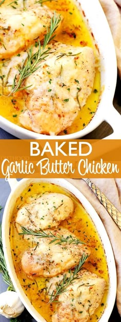 garlic butter chicken in a white bowl with rosemary garnish