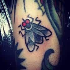 a close up of a tattoo on the leg of a person with a bug on it