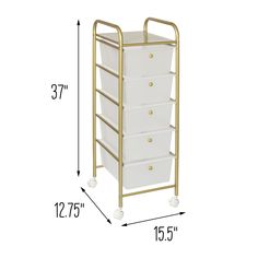 the gold and white storage cart has five drawers