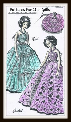 two women in dresses with crochet patterns for the doll's dress and bonnet