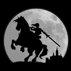 a man riding on the back of a horse in front of a full moon