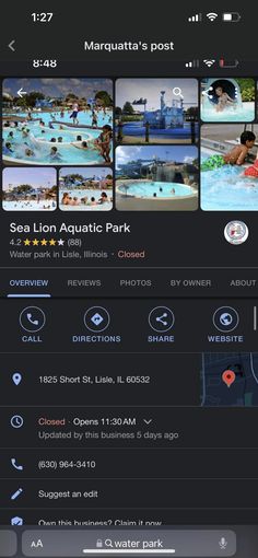 an iphone screen showing the location of several different pools and water features, including pictures from various locations