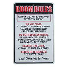 a sign that says room rules is posted on a white background with black lettering and red accents