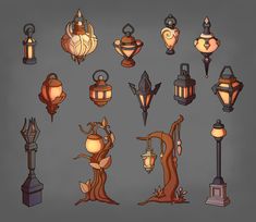 a bunch of different types of lights on a gray background, including one lamp and the other