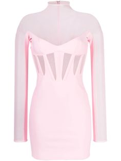 light pink stretch-design tulle panels sheer panels corset style high neck long sleeves above-knee length rear zip fastening straight hem Corset Rosa, Mugler Corset, Rosa Outfit, Pink Corset, Boned Bodice, Corset Style Tops, High Fashion Outfits, High Neck Long Sleeve, Corset Style