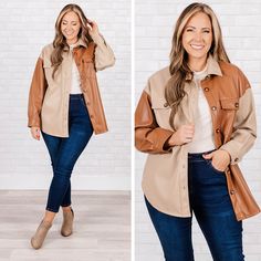 Upgrade your style with this shacket in elegant two toned neutral colors! This shacket is not only fashionable but also durable! The tortoise buttons add a touch of sophistication! Elevate any outfit with this versatile piece! 100% Polyester Trendy Neutral Outerwear For Layering, Brown Button-up Shacket For Work, Beige Button-up Shacket For Fall, Brown Button-up Shacket With Buttons, Neutral Button-up Shacket For Fall, Brown Button-up Shacket, Chic Fall Shacket With Buttons, Chic Button-up Shacket For Day Out, Trendy Brown Outerwear With Buttoned Pockets