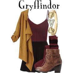 a woman wearing boots, dress and jacket with the words greyfindor on it