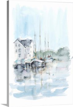 watercolor painting of boats in the harbor