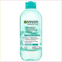 This all-in-1 replumping micellar cleansing water is a facial cleanser and makeup remover that is surprisingly powerful, yet gentle on skin. The Garnier Micellar Cleansing Water with Hyaluronic Acid and Aloe Vera cleanses, removes makeup and skin looks replumped. Like a magnet, micelles capture and lift away dirt, oil and makeup without harsh rubbing leaving skin perfectly clean without over drying. Gentle on skin and can be used to remove face makeup and eye makeup. Approved by Cruelty-Free Int Rose Water For Skin, Homemade Makeup Remover, Garnier Micellar Water, Garnier Micellar Cleansing Water, Moisturizing Routine, Garnier Skinactive, Garnier Micellar, Garnier Skin Active, Micellar Cleansing Water