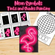 neon pink flamingos and black background with text that reads neon symbols, tints and shades painting