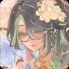 an anime character with long black hair and flowers in her hair, holding onto another character's shoulder